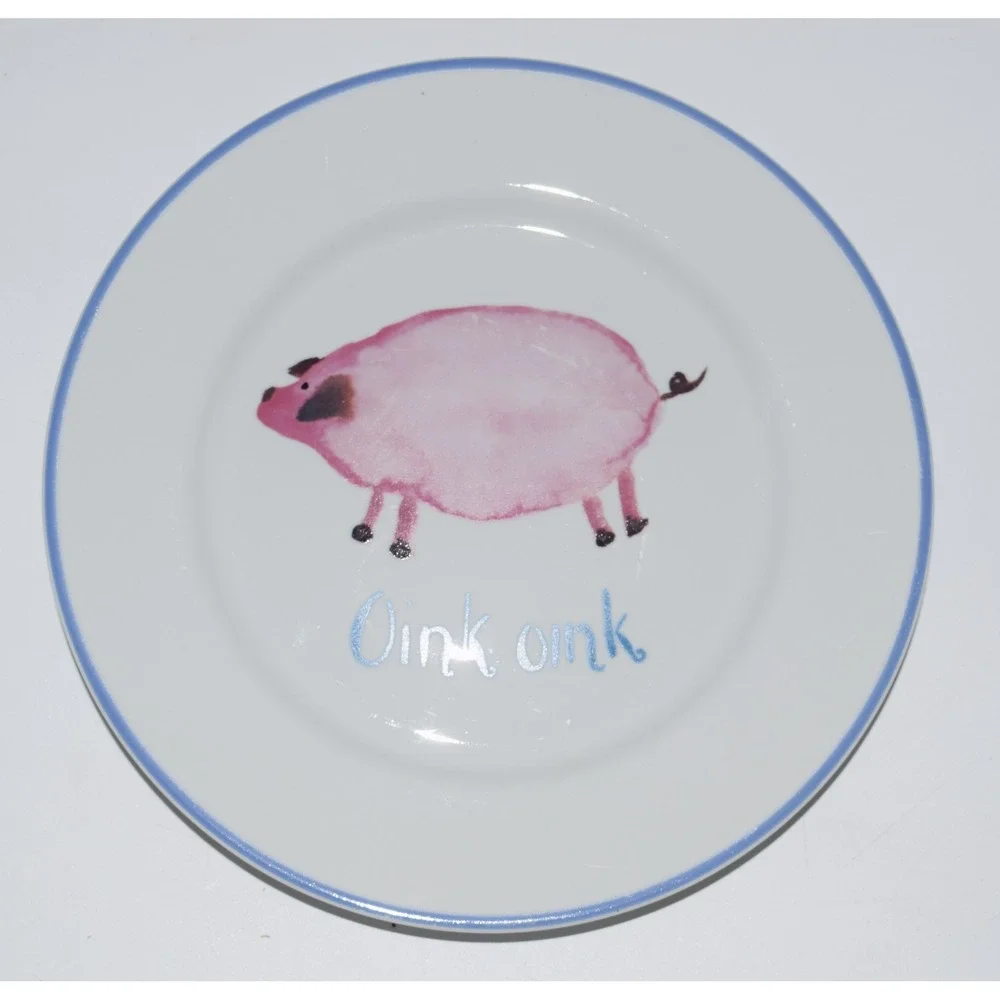 Rosanna Animal Farm Porcelain Pig Plate White Pink Blue Excellent 8in Italy